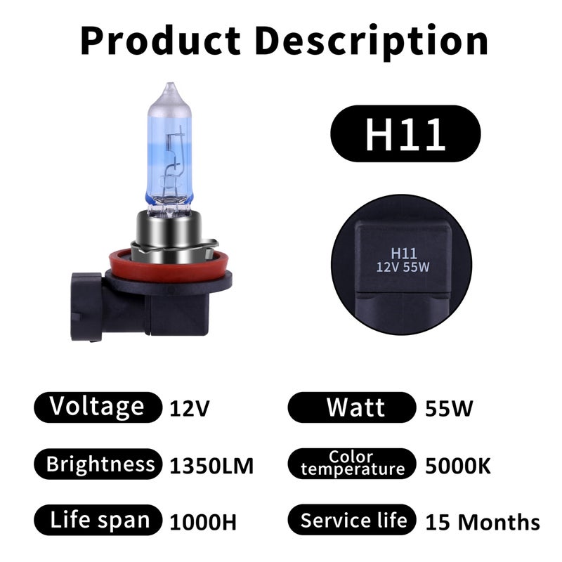 NEWBROWN H11 Headlight Bulb 5000K Super White Light Long Life Replacement PGJ19-2 12V/55W (H11, 2 Pack) - Image 3